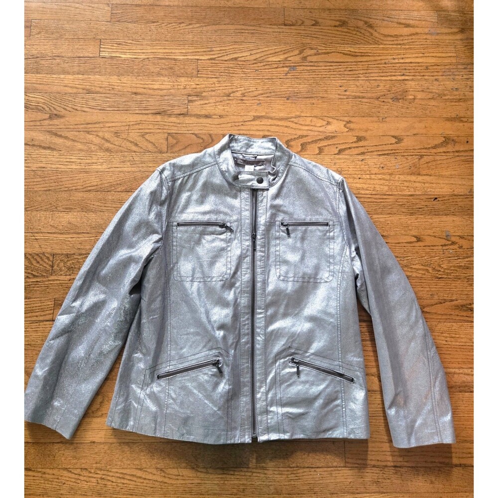 Chico Lavish Luster Metallic Silver Leather Motorcycle Jacket size 3 XL